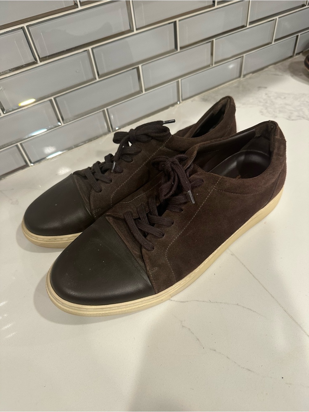 Allen Edmonds Dark Brown Suede Sneakers with Black Toe Cap